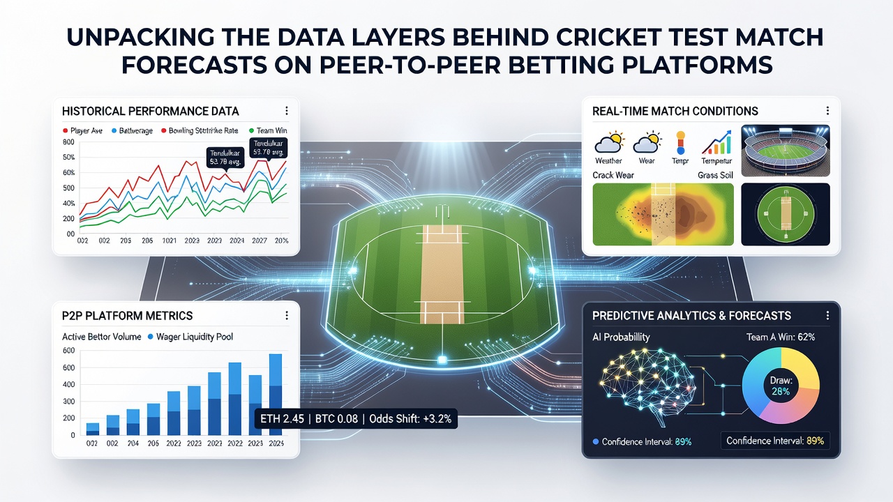 Peer-to-peer betting interface displaying live cricket test match data and user forecasts